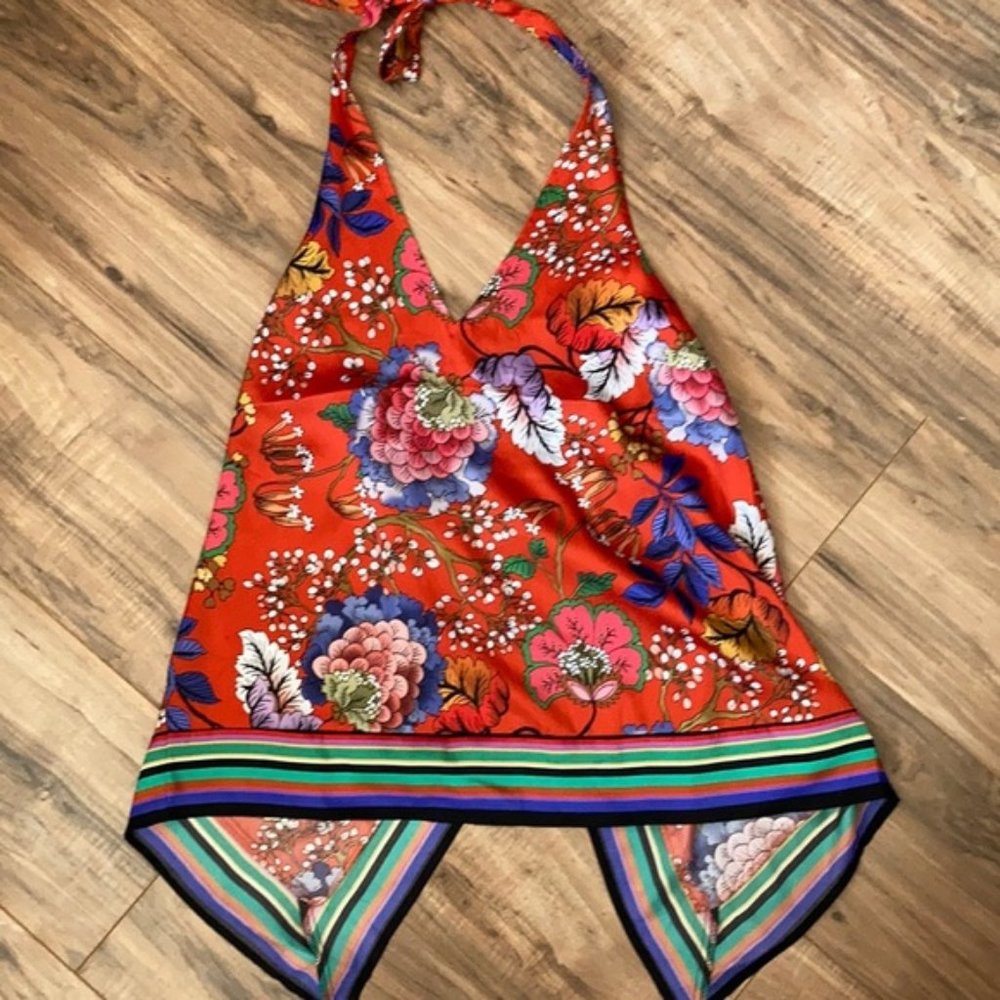 EXPRESS Red floral V Halter Scarf Split back top M